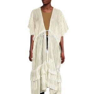 Women's Chiffon Ruffled Ruana In Natural w/Gold Trim